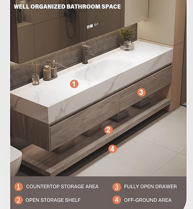 Floating Bathroom Sink Vanity 36Inch, Solid Wood Bathroom Vanities Set Includes Smart Rectangular Mirror, Slate Countertop and Integrated Sink, Modern Bathroom Cabinet with Drawers and Open Storage