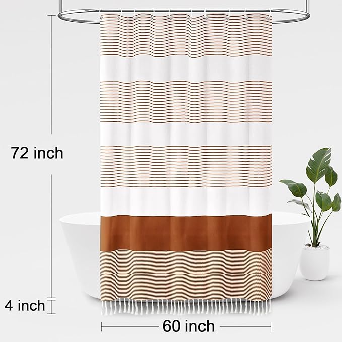 Awellife Boho Orange Shower Curtain for Bathroom Farmhouse Cotton Stripe Tassel Shower Curtain Natural Texture 72" L x 60" W