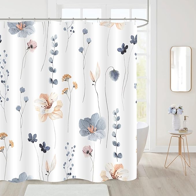 Gibelle Long Shower Curtain 72 x 78, Watercolor Floral Fabric Shower Curtain, Blue Beige Flower Decorative Bathroom Shower Curtain Set with Hooks
