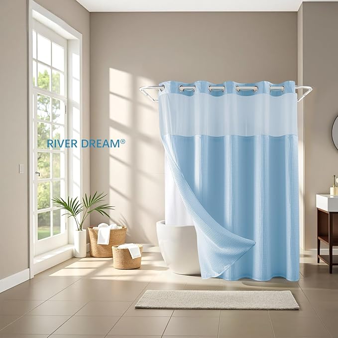 River Dream Sky Blue Fabric Shower Curtain Set, Cotton Blend, Waffle Weave, with Snap in Replacement Liner，71 x 74 inches