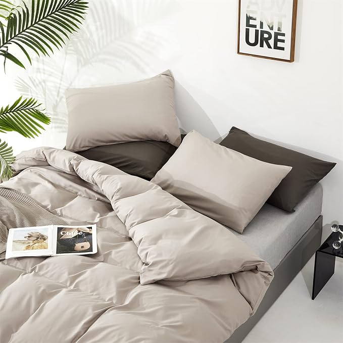 Cottonight Beige Comforter Set Queen Cream Khaki Bedding Comforter Full Oatmeal Solid Blanket Quilts Modern Soft Breathable Beige Taupe Color 3 Piece Bedding Set