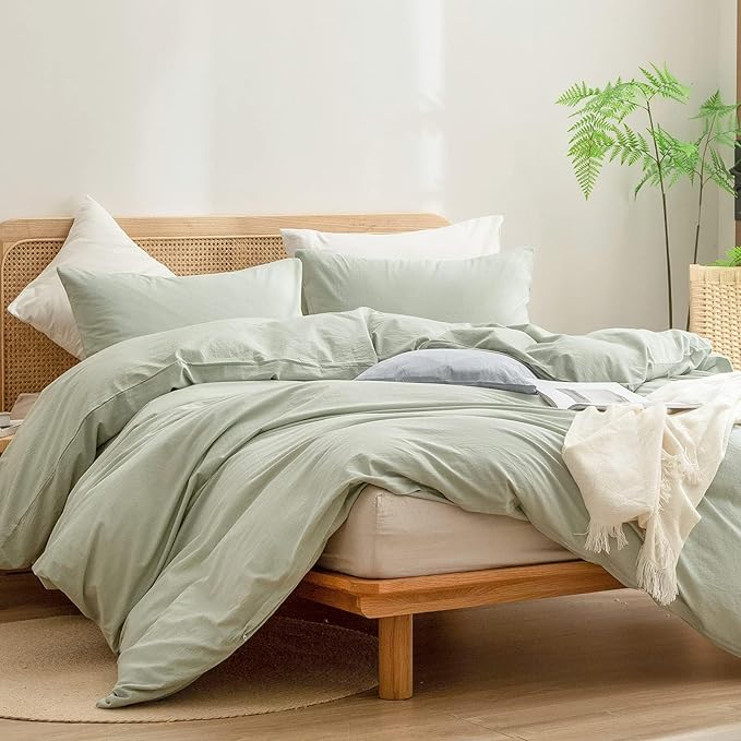 BESTOUCH Duvet Cover Set 100% Washed Cotton Linen Feel Super Soft Comfortable Chic Lightweight 3 PCs Home Bedding Set Solid Sage Green Oversized Full