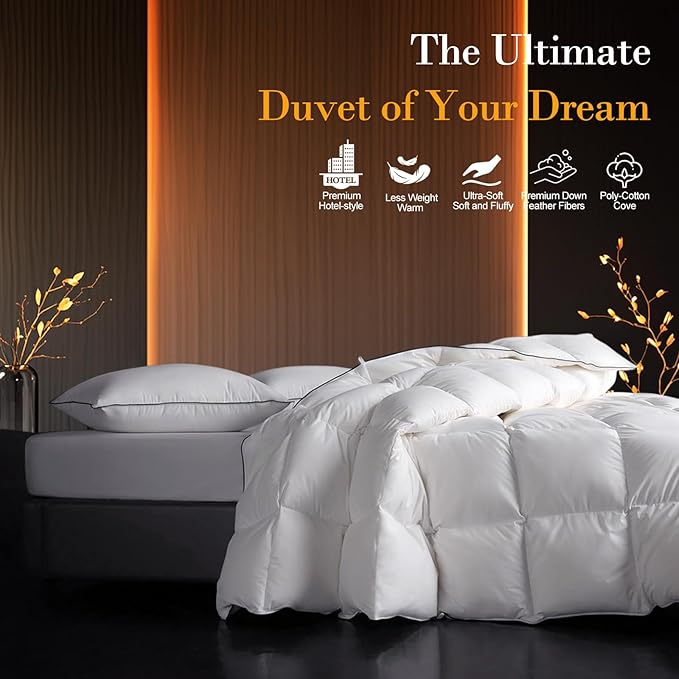 Down Fibers Comforter Queen Size,Luxurious All Seasons Hotel Collection Duvet Insert,54 Oz High Bulkiness Medium Warmth,Fluffy & Breathable for Bedroom, Guestroom, Hotel (Grey,90x90)