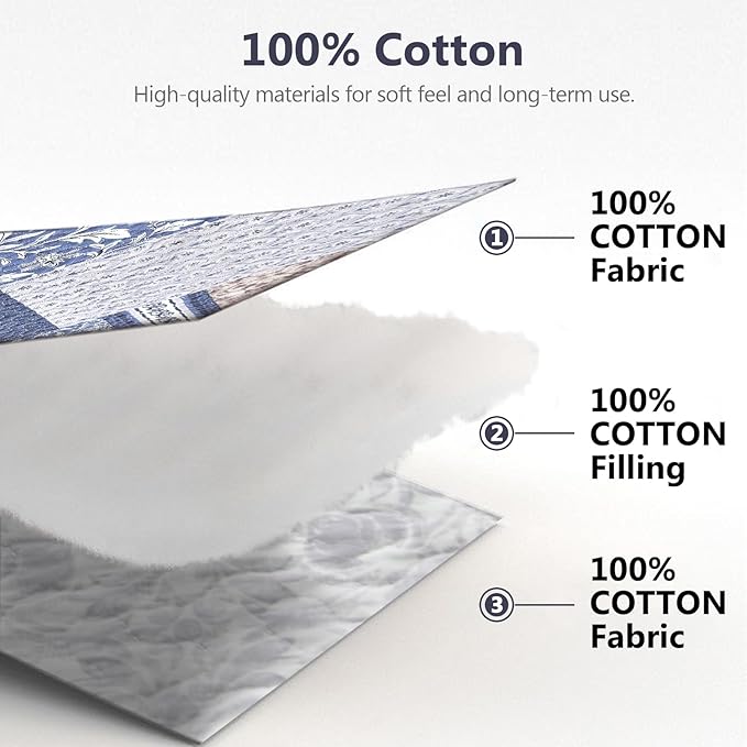 100% Cotton Quilt Set King Size - Floral Quilted Comforter, Patchwork Botanical King Quilt Bedspread, Reversible Vintage Farmhouse Lightweight Bedding for King Bed, 3pcs, Blue/Beige