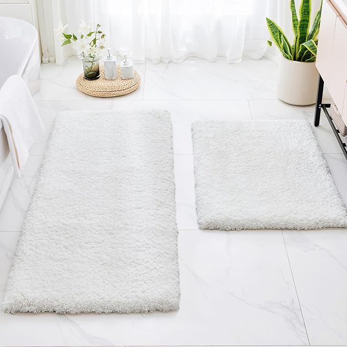 White Bathroom Rugs 24x48 Non Slip Fluffy Bath Mat for Bathroom Floor Washable Plush Luxury Bath Rug for Tub Soft Shaggy Absorbent Shower Sink Mat