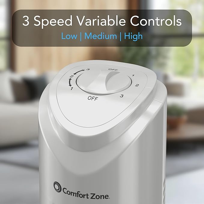 Comfort Zone Tower Fan for Bedroom, 32 inch, 3 Speeds, 90 Oscillation, Bladeless Indoor Fan, Built in Carry Handle, Portable Stand Fan, Gray
