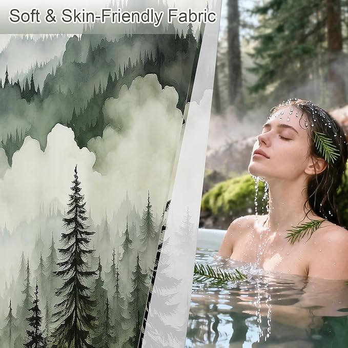 Dark Green Small Stall Misty Pine Forest Shower Curtain 36 x 72, Mountain Foggy Woodland Scenery Tree Narrow Half Size Shower Curtains for Bathroom, Abstract Waterproof Nature-Themed Decor