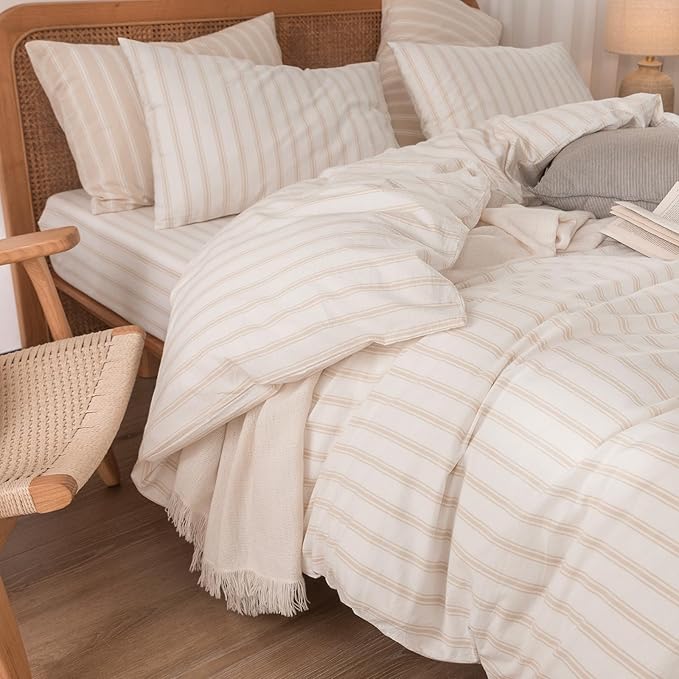 BESTOUCH Duvet Cover Set 100% Washed Cotton Linen Feel Super Soft Comfortable Chic Lightweight 3 PCs Home Bedding Set White & Almond Grey Stripes King
