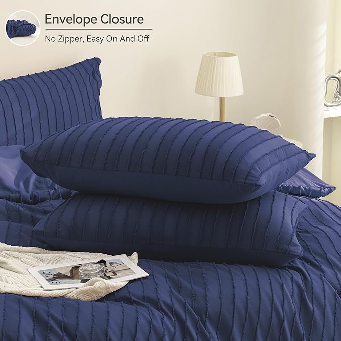JELLYMONI Duvet Cover Full Size Navy Blue - 3PCS Boho Striped Duvet Cover Set Polyester Tufted Bohemian Textured Comforter Cover 80×90in with Corner Ties & Zipper and 2 Pillowcases