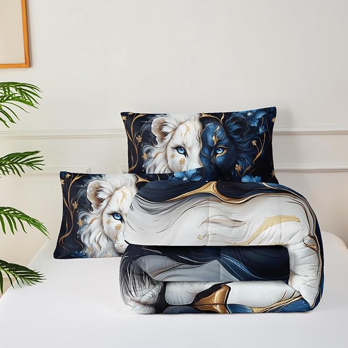 Black and Gold Flower Lion Comforter Set Full Size，Animal Print Full Size Bedding Set for Boy，with 1 Comforter with 2 Pillow Case