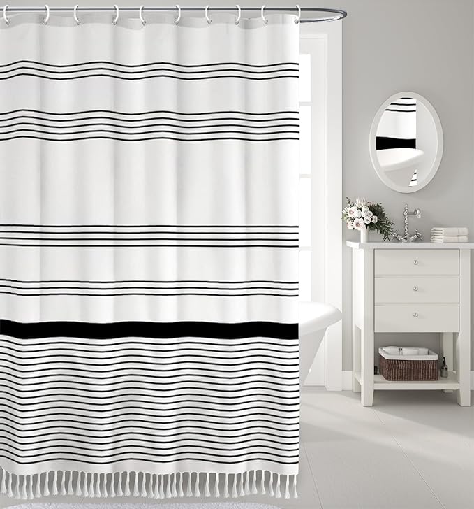 Awellife Black and White Boho Shower Curtain for Bathroom Stripe Tassel Shower Curtain 72 X 72 Inches Farmhouse Cotton