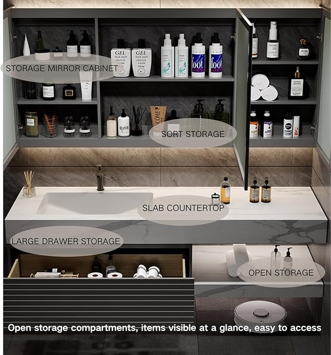 Bathroom Vanity 44 inch, Single Sink Floating Vanity Set Includes Anti-Fog LED Mirror Cabinet, Slate Countertop and Wall-Mount Sink Cabinet, Modern Bathroom Vanities(Greyish Black)