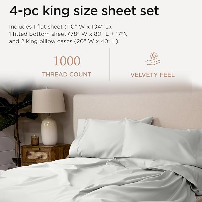 Threadmill Luxury Supima Cotton Sheets, 1000 Thread Count Soft 100% Cotton Sheets for King Size Bed, 4 Pc Light Grey King Bed Sheet Set, 5-Star Hotel Quality with Elasticized Deep Pocket King Sheet