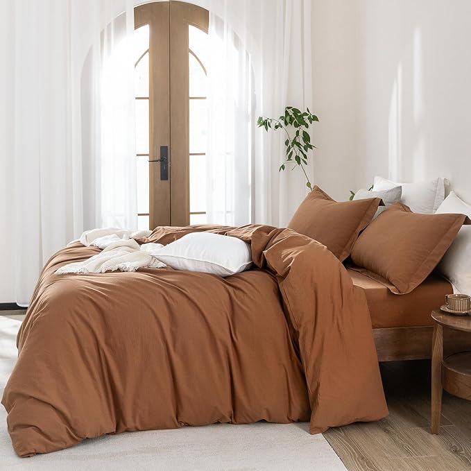 100% Washed Cotton Dark Orange Duvet Cover Queen Size Bedding Set Cover 1 Duvet Cover with Zipper Closure and 2 Pillowcases, 90inch x 90inch