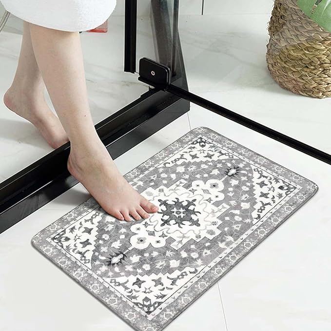 Uphome Boho Vintage Bathroom Rugs Gray Non-Slip Soft Bath Mat Machine Washable Oriental Small Bath Rug Traditional Tribal Floral Bath Mats for Sink Shower Doorway Tub, 18x25 inch