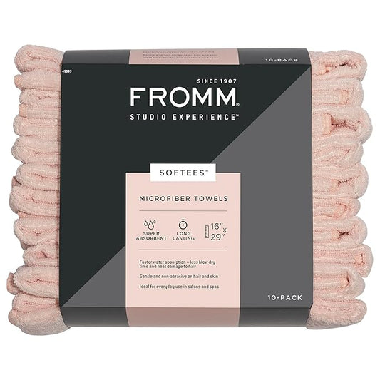 Fromm Softees Microfiber Salon Hair Towels for Hairstylists, Barbers, Spa, Gym in Light Pink, 16" by 29", 10 count Perfect Hair Care Towel for Drying Curly, Long, Wavy Hair