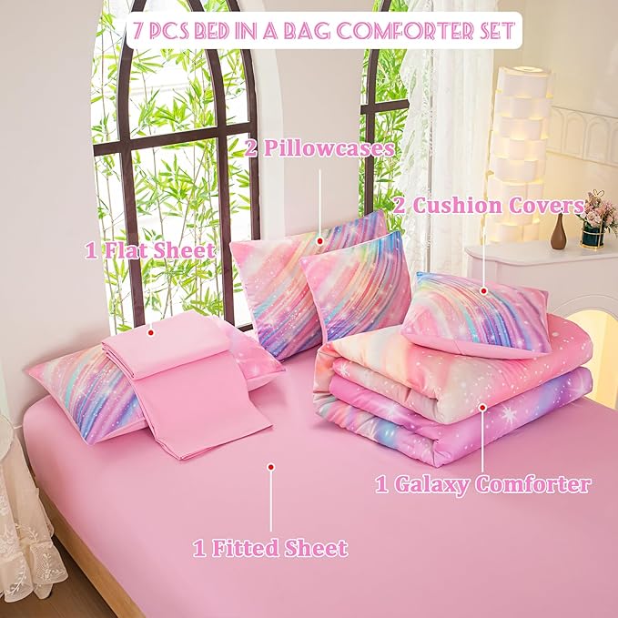 Full Comforter Set for Girls Galaxy Bedding 7pieces, Ombre Bedding Comforter Sets Rainbow Comforter, Twill Pink