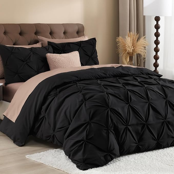 Litanika Black Oversized King Pinch Pleat Duvet Cover, 3 Pieces Pintuck Cover Soft Microfiber Bedding Set with Zipper Closure & Corner Ties(1 Duvet Cover, 2 Pillowcases)