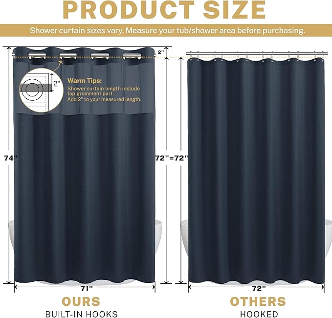 No Hook Navy Blue Shower Curtain and Liner, Linen-Look Polyester Textured Shower Curtain with Snap in Liner, Waterproof & Washable Bath Curtains for Bathroom, 71Wx74H