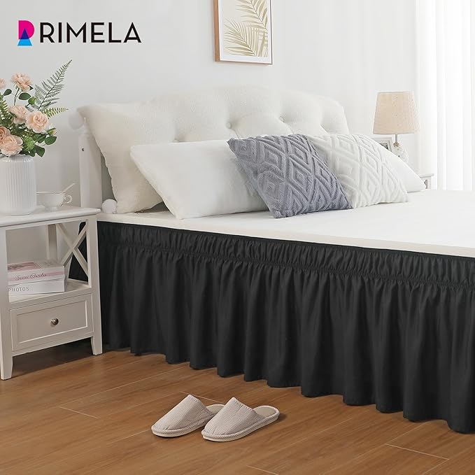 RIMELA Bed Skirting Queen Size Black Bed Skirt 12 Inch Drop, Wrap Around Elastic Adjustable Bedskirt, Dust Ruffle for Bed Frame & Box Spring Soft Durable Fabric Machine Washable Easy to Install