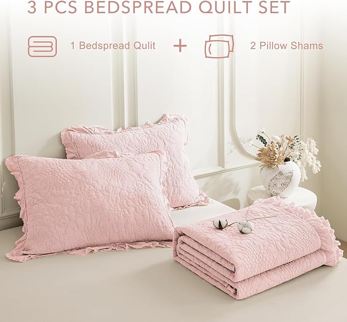 QSH 3PCs Blush Oversized King Quilt Bedspread Set(120"x120"),Stonewashed Cotton Ruffle Quilt California King,Ultra Soft Lightweight Crinkled Shabby Bedspread Coverlet Bedding Set for All Seasons