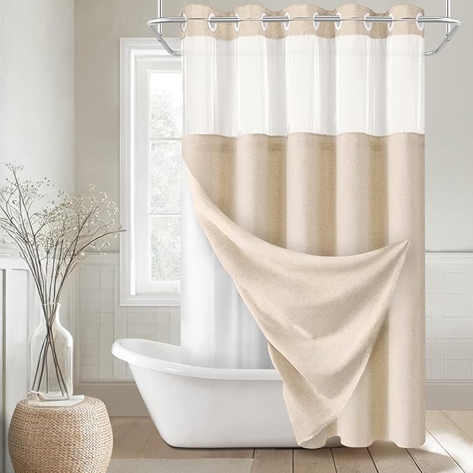 YellyHommy No Hook Linen Shower Curtain with Snap in Liner Set Less Time, Hotel Beige Shower Curtain for Bathroom Fabric with Mesh Top Window, Extra Long 87" L x 72" W