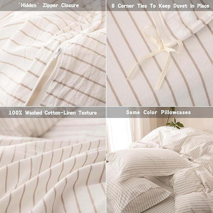 Stripe Duvet Cover Twin Size 90inch x 68inch,100% Washed Cotton Linen Feel Duvet Cover with Zipper Closure and 2 Pillowcases, Color of Off White-Linen Grey Stripe