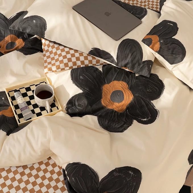 KAREVER Black Floral Comforter Set Black Botanical Bedding Cal King Women Modern Elegant Chic Blankets Lightweight Black Sunflower Reversible