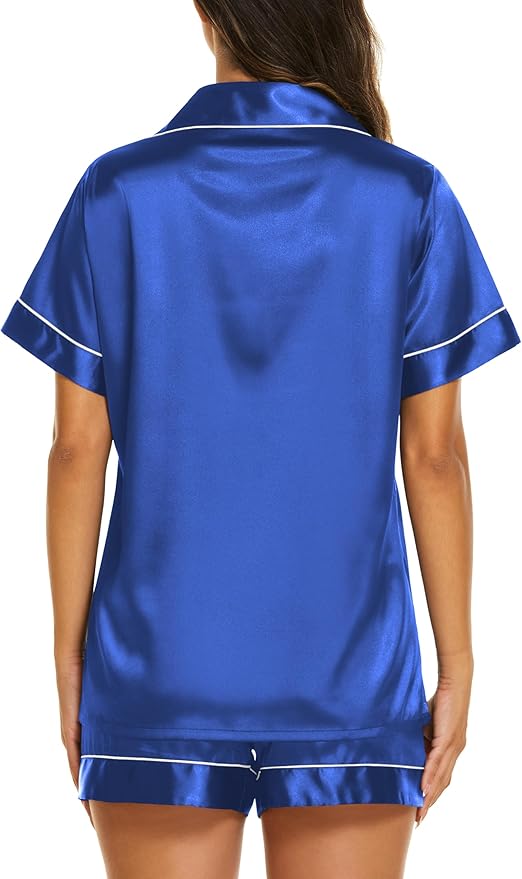 Ekouaer Silk Pajamas for Women Short Sleeve Sleepwear Soft Button Down Loungewear 2 Piece Satin Pjs Shorts Set