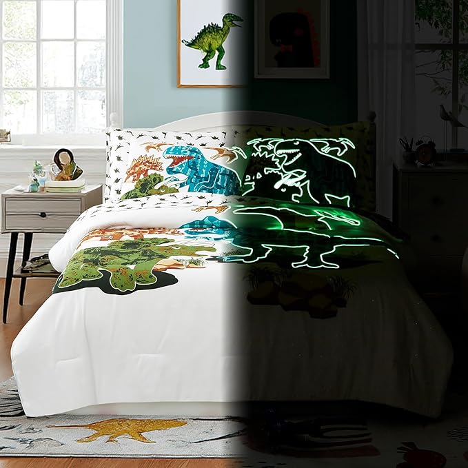 Twin Comforter Set for Boys-5 Pieces Dinosaur Glow in The Dark Twin Bedding Sets for Kids, Ultra Soft Bed in A Bag with Sheets