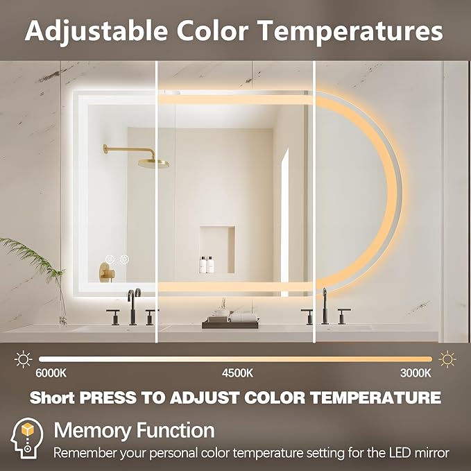 Niccy Arched LED Bathroom Mirror, 48x30 Arch Wall Mounted Frameless Bathroom Mirror for Vanity, Smart Lighted Frontlit Mirrors with Memory Function for Bathroom Bedroom Beauty Hair Salon