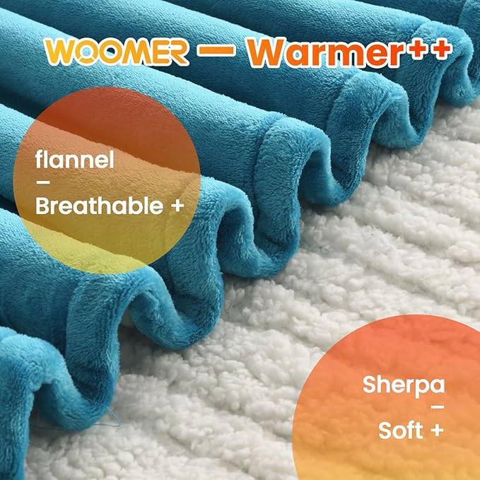 WOOMER Heated Blanket King Size,Durable Flannel and Soft Sherpa,Dual Control,84” × 90” Electric Blanket, 10 Heat Levels&0.5-12h auto-Off, Overheat Protection,Energy Efficient