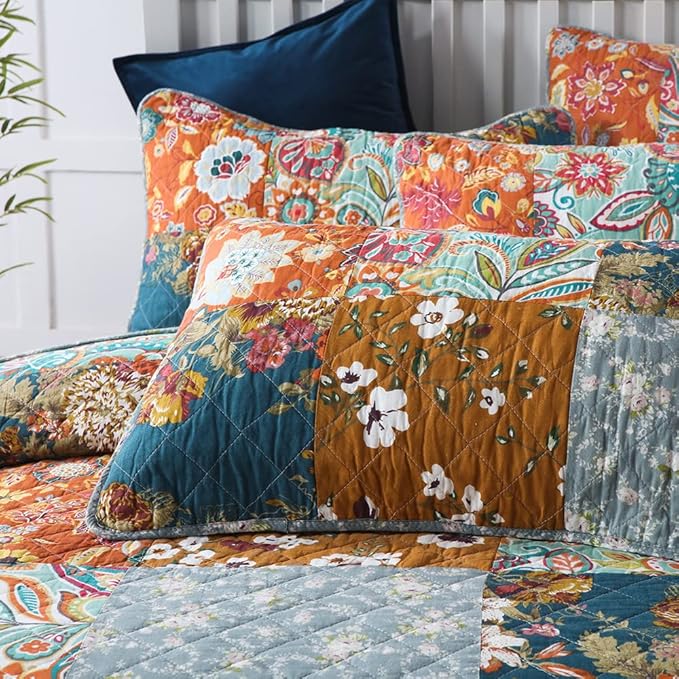 Cotton Bedspread Quilt Bedding Sets 3 Pieces Reversible Coverlet Sets Comforters Luxury Paisley Floral Patchwork Brown Bedspread, King Size