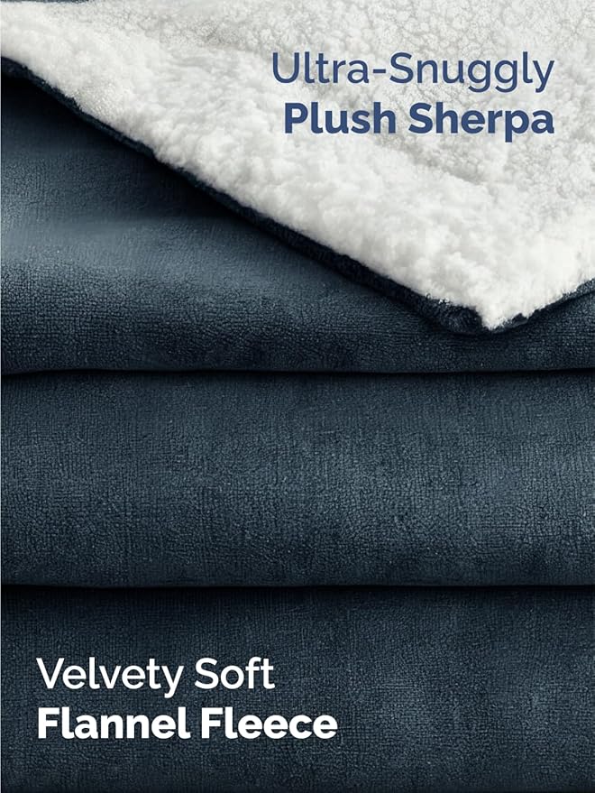 Sherpa Fleece Blanket Twin Size - Reversible Sherpa Fleece Twin Blanket - Super Soft, Double Sided for Bed, Sofa, Couch - Thick, Warm, Fuzzy and Plush - Luxurious Bedding for Winter - Navy, 60" x 80"