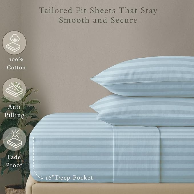 Threadmill 500 Thread Count King Size Damask Stripe, 4 Pc Luxury Cotton Bed Sheet Set, Breathable Light Blue Sheets with 16" Elasticized Deep Pocket, 2 Pillowcases & Free Tote Bag