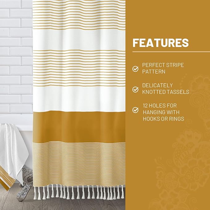 Awellife Gold Boho Shower Curtain for Bathroom Farmhouse Cotton Stripe Tassel Shower Curtain Natural Texture 72 X 72