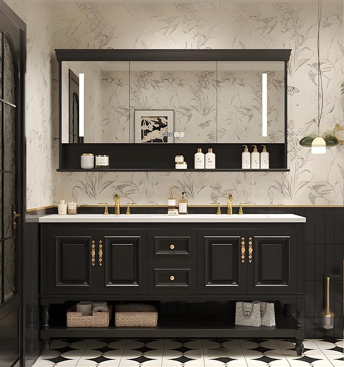 80" Double Bathroom Vanity with Sink,Freestanding Bathroom Vanity Large Storage Cabinet & Open Mirror Cabinet,4 Soft Closing Doors and 2 Drawers Solid Wood Luxury Bathroom Vanities Set,Black