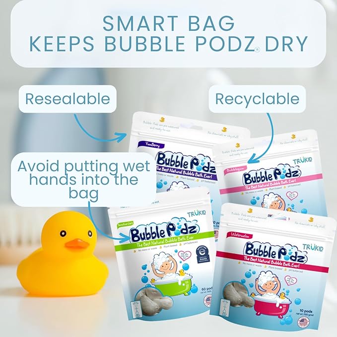 TruKid Bubble Podz Bubble Bath for Kids, Toddlers, & Babies, Tear Free Gentle & Refreshing Bath Bomb for Sensitive Skin with Natural Moisturizers, Non-Toxic, pH Balanced, Cherry Scent (60 Podz)