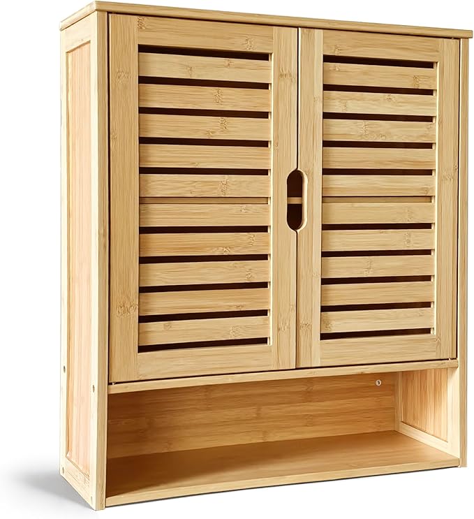 HYNAWIN Bathroom Wall-Mounted Medicine Cabinet - Over-The-Toilet Floating Bamboo Storage Organizer with Adjustable Shelf, Space-Saving for Kitchen, and Living Room