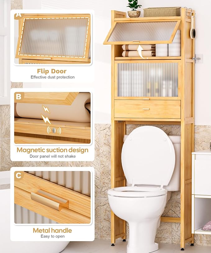 Over The Toilet Storage Shelf with Drawer, Above Bamboo Bathroom Organizer Cabinet with Anti-Tip and Waterproof Feet Pad Design, Freestanding Shelf for Bathroom (Bamboo)