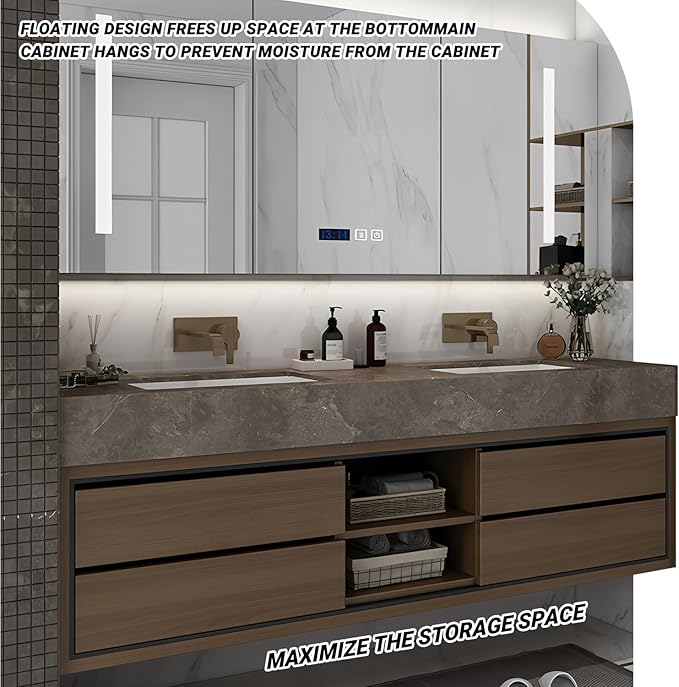 88IN Double Sink Bathroom Vanity, Floating Modern Bathroom Vanity Include Smart Defog Mirror Cabinet with LED Light, Solid Wood Vanities with Integrated Sink and Drawers Storage