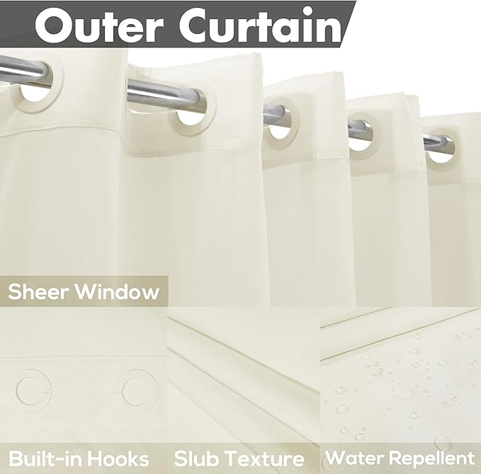 Long No Hook Slub Textured Shower Curtain with Snap-in PEVA Liner Set - 71" x 77"(75"), Hotel Style with See Through Top Window, Cream Fabric Curtain & Waterproof Liner, Sand, 71x77