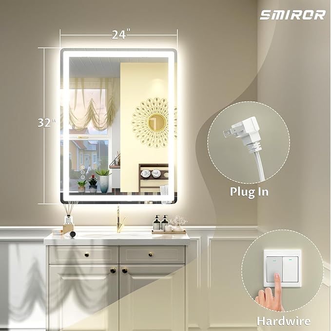 SMIROR LED Bathroom Mirror with Lights 24"x 32", Rounded Rectangle Lighted Vanity Mirror for Wall, Front Lit and Backlit, 3 Colors, Dimmable, Anti-Fog, Tempered Glass (Horizontally/Vertically)