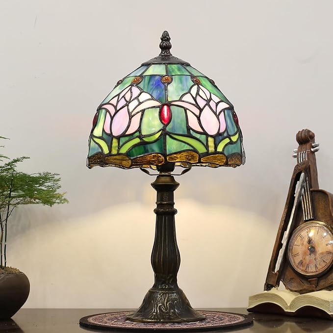 Tiffany Small Table Lamp for Bedroom Bedside Nightstand Table Lamps for Living Room 3 Way Color Temperatures Stained Glass Table Lamp 8X8X15 Inch Home Office Reading Desk Lamp (Pink Tulips)