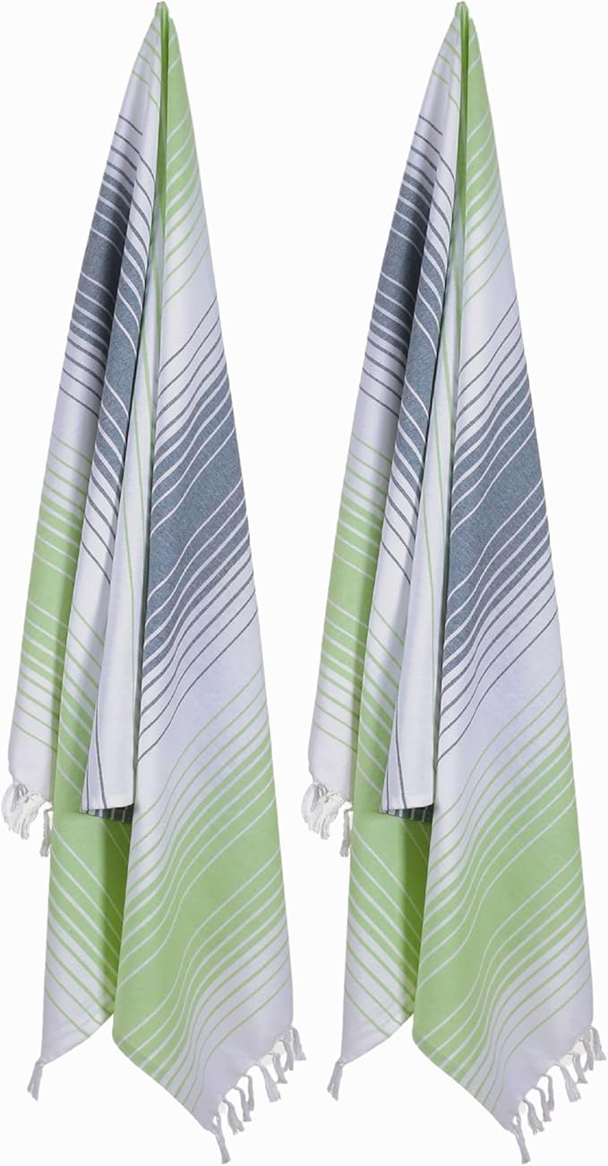 Native Fab 100% Cotton Peshtemal Turkish Bath and Beach Towels Set of 2, Large 40x71 Travel Sarong Gym Pool Spa Towels, Ultra Soft Quick Dry Absorbent Fouta Hammam Peshtemal Towels Green White