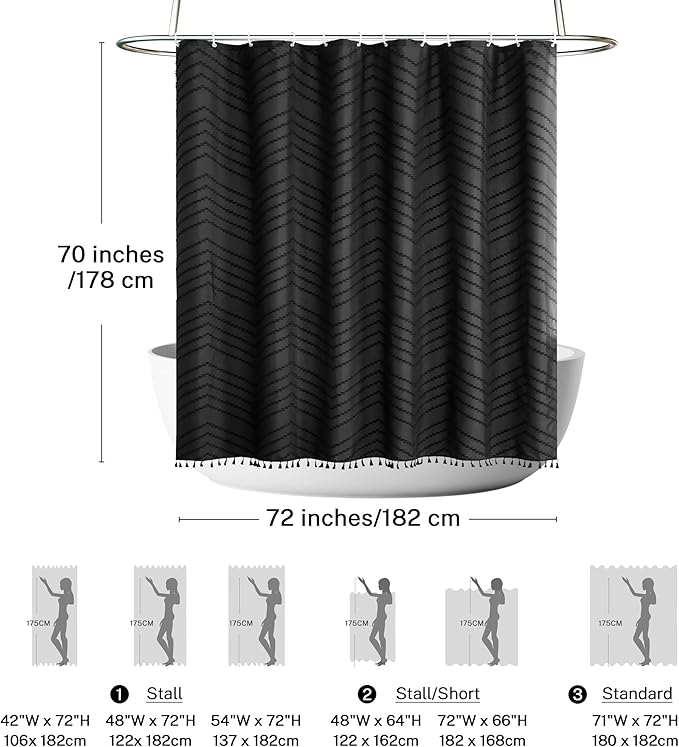 Boho Shower Curtain Black Tassel Woven Fabric Shower Curtain 72 x 70 Modern Farmhouse Textured Tufted Chevron Striped Minimalist for Bathroom