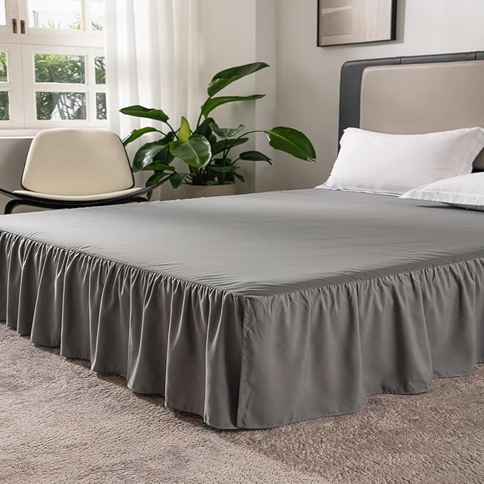 Grey Bed Skirt Queen Size Ruffled Bed Skirt with Split Corners, Queen Bed Skirt 16 Inch Drop, TSUTOMI Queen Size Bed Skirt Grey for Ruffled Bed Skirt with Split Corners, Bed Skirts Queen Size