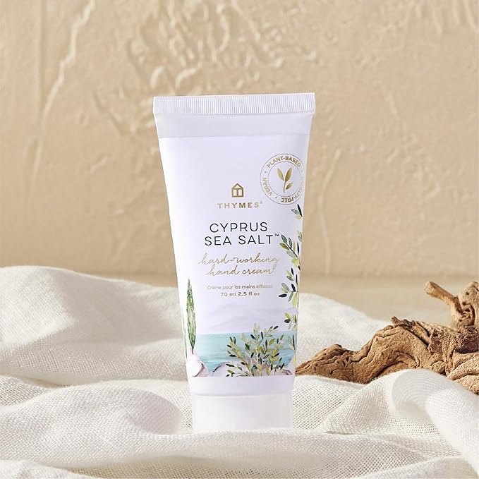 Thymes Hard-Working Hand Cream - Hand Moisturizer with Shea Butter, Sunflower Seed Oil & Pro-vitamin B5 - For Women & Men - Travel Size - Skin Care (Cyprus Sea Salt, 2.5 fl oz)