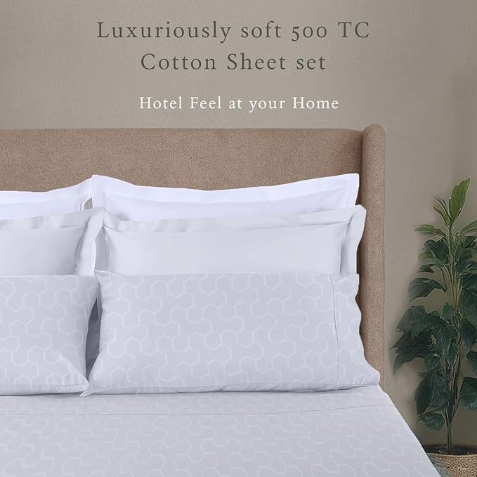 Threadmill 500 Thread Count King Size 4 Pc Luxury Cotton Bed Sheet Set, Jacquard Floria Hotel White, Silky Soft Sheets with 16" Elasticized Deep Pocket, 2 Pillowcases & Free Tote Bag