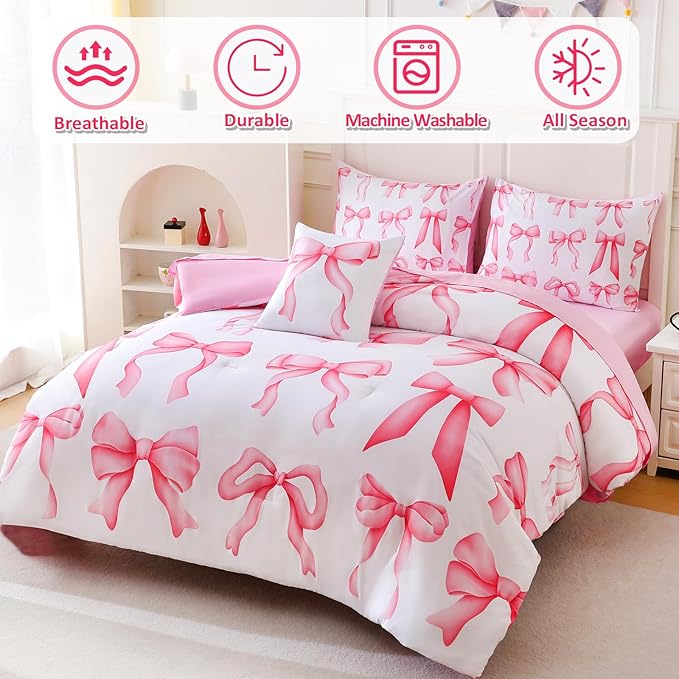 6 Pieces Twin Comforter Sets with Sheets Pink Bed in a Bag for Girls,Bow Comforter Set,Bow Twin Bedding Sets for Kids